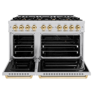 ZLINE Autograph Edition 48 in. 6.7 cu. ft. Classic Double Oven Dual Fuel Range with 8 Burner Gas Cooktop in Stainless Steel and Polished Gold Accents (CDRZ-48-G) front, open.