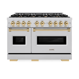 ZLINE Autograph Edition 48 in. 6.7 cu. ft. Classic Double Oven Dual Fuel Range with 8 Burner Gas Cooktop in Stainless Steel and Polished Gold Accents (CDRZ-48-G) front, oven closed.