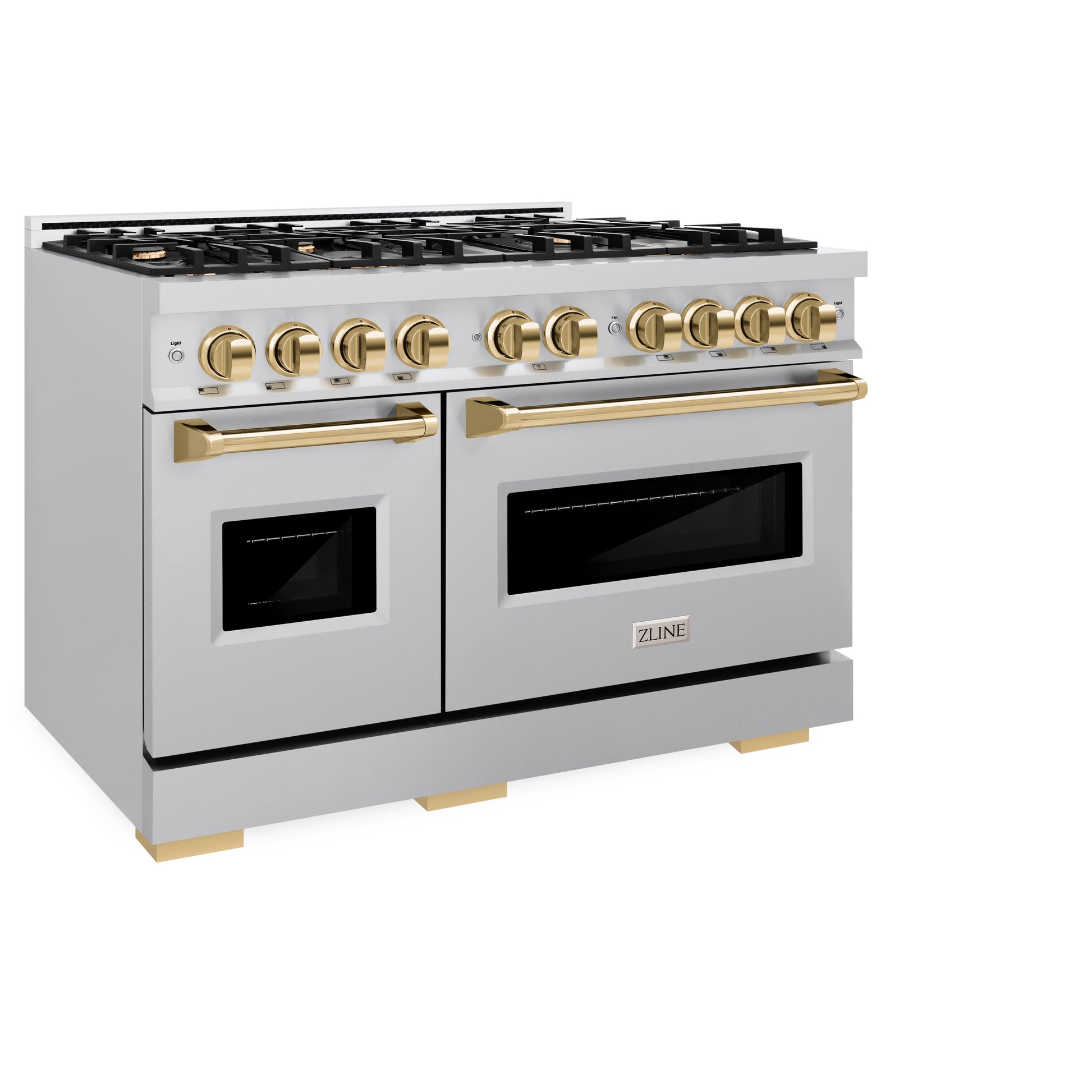 ZLINE Autograph Edition 48 in. 6.7 cu. ft. Classic Double Oven Dual Fuel Range with 8 Burner Gas Cooktop in Stainless Steel and Polished Gold Accents (CDRZ-48-G) side, closed.