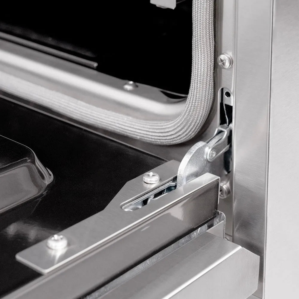 ZLINE Autograph Edition 48 in. 6.7 cu. ft. Classic Double Oven Dual Fuel Range with 8 Burner Gas Cooktop in Stainless Steel and Polished Gold Accents (CDRZ-48-G) close-up, StayPut oven door hinge.