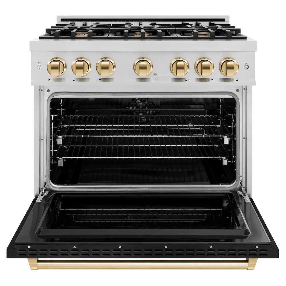 ZLINE Autograph Edition 36 in. 5.2 cu. ft. Classic Dual Fuel Range with 6 Burner Gas Cooktop and Electric Convection Oven in Stainless Steel with Black Matte Door and Polished Gold Accents (CDRZ-BLM-36-G) front, oven open.