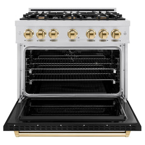 ZLINE Autograph Edition 36 in. 5.2 cu. ft. Classic Dual Fuel Range with 6 Burner Gas Cooktop and Electric Convection Oven in Stainless Steel with Black Matte Door and Polished Gold Accents (CDRZ-BLM-36-G) front, oven open.