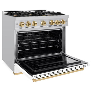 ZLINE Autograph Edition 36 in. 5.2 cu. ft. Classic Gas Range with 6 Burner Cooktop and Convection Gas Oven in Stainless Steel with White Matte Door and Polished Gold Accents (CGRZ-WM-36-G) side, oven open.