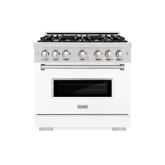 ZLINE 36 in. 5.2 cu. ft. Classic Dual Fuel Range with 6 Burner Gas Cooktop and Electric Convection Oven in Stainless Steel with White Matte Door (CDR-WM-36) front, oven closed.