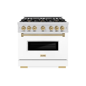 ZLINE Autograph Edition 36 in. 5.2 cu. ft. Classic Gas Range with 6 Burner Cooktop and Convection Gas Oven in Stainless Steel with White Matte Door and Champagne Bronze Accents (CGRZ-WM-36-CB) front, oven closed.