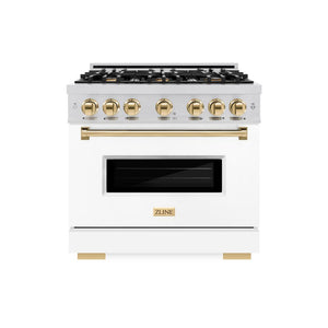 ZLINE Autograph Edition 36 in. 5.2 cu. ft. Classic Gas Range with 6 Burner Cooktop and Convection Gas Oven in Stainless Steel with White Matte Door and Polished Gold Accents (CGRZ-WM-36-G) front, oven closed.