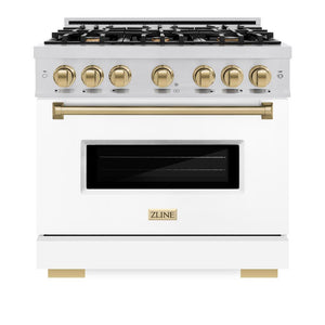 ZLINE Autograph Edition 36 in. 5.2 cu. ft. Classic Gas Range with 6 Burner Cooktop and Convection Gas Oven in Stainless Steel with White Matte Door and Champagne Bronze Accents (CGRZ-WM-36-CB) front, oven closed.