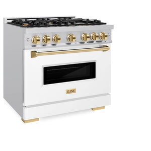 ZLINE Autograph Edition 36 in. 5.2 cu. ft. Classic Gas Range with 6 Burner Cooktop and Convection Gas Oven in Stainless Steel with White Matte Door and Polished Gold Accents (CGRZ-WM-36-G) side, closed.
