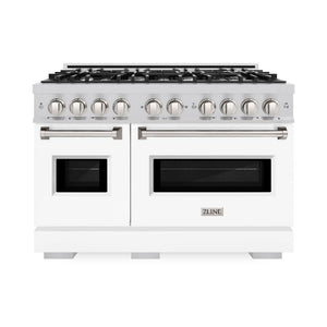 ZLINE 48 in. 6.7 cu. ft. Classic Double Oven Dual Fuel Range with 8 Burner Gas Cooktop in Stainless Steel with White Matte Doors (CDR-WM-48) front, oven closed.