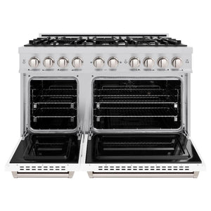 ZLINE 48 in. 6.7 cu. ft. Classic Double Oven Dual Fuel Range with 8 Burner Gas Cooktop in Stainless Steel with White Matte Doors (CDR-WM-48) front, oven open.