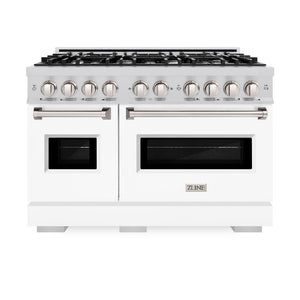 ZLINE 48 in. 6.7 cu. ft. Classic Double Oven Dual Fuel Range with 8 Burner Gas Cooktop in Stainless Steel with White Matte Doors (CDR-WM-48) front, oven closed.