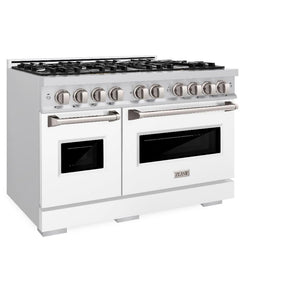 ZLINE 48 in. 6.7 cu. ft. Classic Double Oven Dual Fuel Range with 8 Burner Gas Cooktop in Stainless Steel with White Matte Doors (CDR-WM-48) side, oven closed.