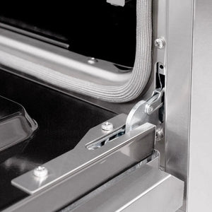 ZLINE 30 in. 4.2 cu. ft. Classic Gas Range with Convection Gas Oven in Stainless Steel with 4 Brass Burners (CGR-BR-30) close-up, StayPut oven door hinge.