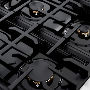 ZLINE 36 in. 5.2 cu. ft. Classic Gas Range with Convection Gas Oven in Stainless Steel with 6 Brass Burners (CGR-BR-36) close-up, brass burners and cast-iron grates from side.