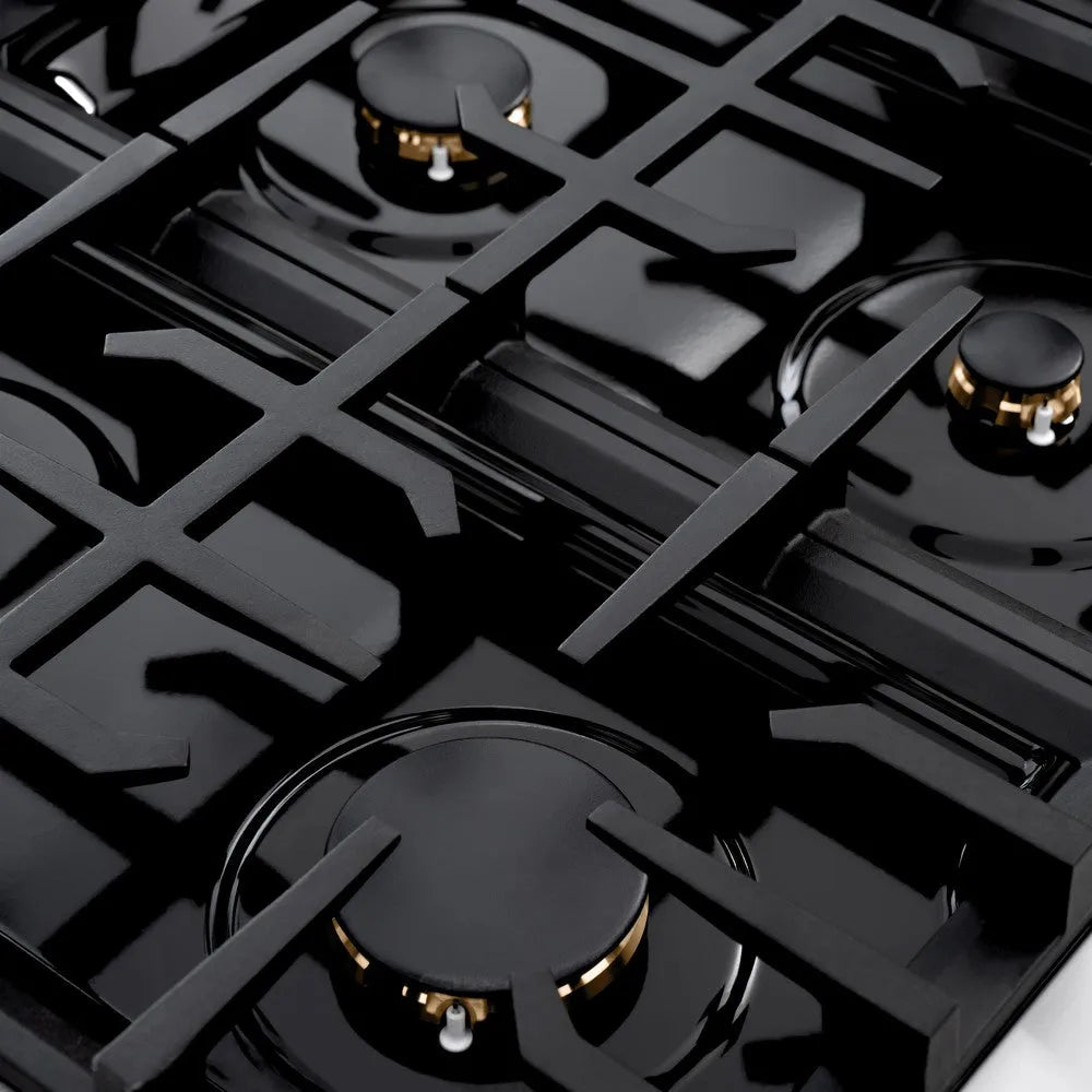 ZLINE 36 in. 5.2 cu. ft. Classic Gas Range with Convection Gas Oven in Stainless Steel with 6 Brass Burners (CGR-BR-36) close-up, brass burners and cast-iron grates from side.