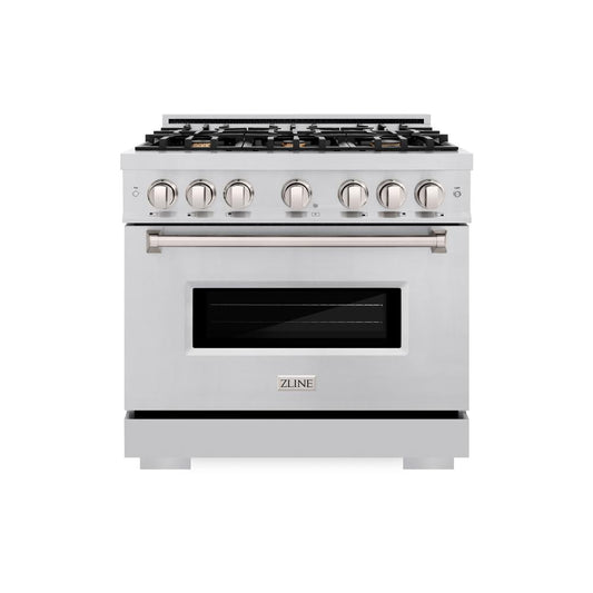 ZLINE 36 in. 5.2 cu. ft. Classic Gas Range with Convection Gas Oven in Stainless Steel with 6 Brass Burners (CGR-BR-36) front, oven closed.