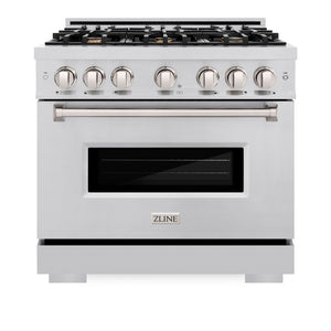ZLINE 36 in. 5.2 cu. ft. Classic Gas Range with Convection Gas Oven in Stainless Steel with 6 Brass Burners (CGR-BR-36) front, oven closed.