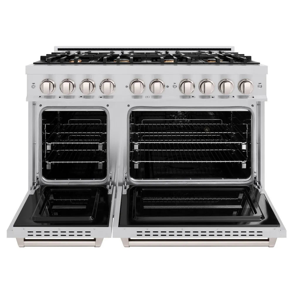ZLINE 48 in. 6.7 cu. ft. Classic Double Oven Gas Range in Stainless Steel with 8 Brass Burners (CGR-BR-48) front, oven open.