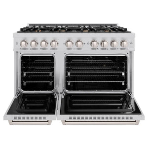 ZLINE 48 in. 6.7 cu. ft. Classic Double Oven Gas Range in Stainless Steel with 8 Brass Burners (CGR-BR-48) front, oven open.