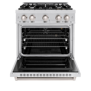 ZLINE 30 in. 4.2 cu. ft. Classic Gas Range with 4 Burner Cooktop and Convection Gas Oven in Stainless Steel (CGR30) front, oven open.