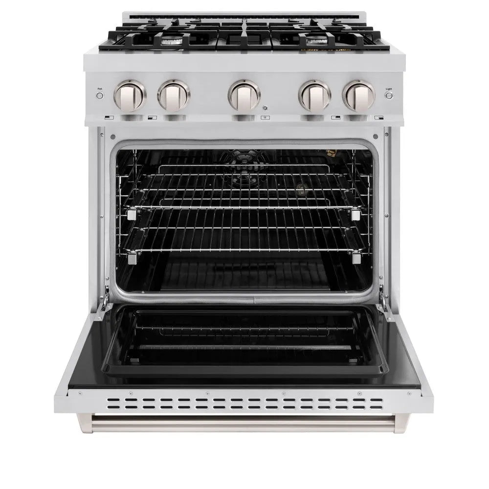 ZLINE 30 in. 4.2 cu. ft. Classic Gas Range with 4 Burner Cooktop and Convection Gas Oven in Stainless Steel (CGR30) front, oven open.