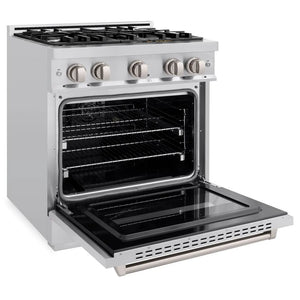 ZLINE 30 in. 4.2 cu. ft. Classic Gas Range with 4 Burner Cooktop and Convection Gas Oven in Stainless Steel (CGR30) side, oven open.