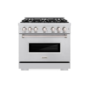 ZLINE 36 in. 5.2 cu. ft. Classic Dual Fuel Range with 6 Burner Gas Cooktop and Electric Convection Oven in Stainless Steel (CDR36) front, oven closed.