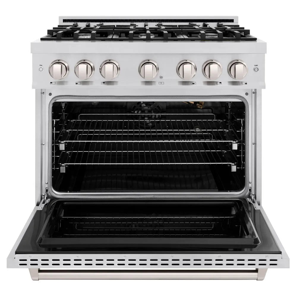 ZLINE 36 in. 5.2 cu. ft. Classic Dual Fuel Range with 6 Burner Gas Cooktop and Electric Convection Oven in Stainless Steel (CDR36) front, oven open.