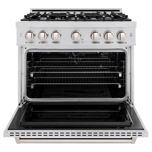 ZLINE 36 in. 5.2 cu. ft. Classic Dual Fuel Range with 6 Burner Gas Cooktop and Electric Convection Oven in Stainless Steel (CDR36) front, oven open.