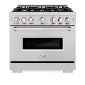 ZLINE 36 in. 5.2 cu. ft. Classic Dual Fuel Range with 6 Burner Gas Cooktop and Electric Convection Oven in Stainless Steel (CDR36) front, oven closed.