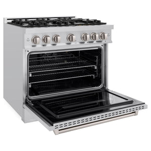 ZLINE 36 in. 5.2 cu. ft. Classic Dual Fuel Range with 6 Burner Gas Cooktop and Electric Convection Oven in Stainless Steel (CDR36) side, oven open.