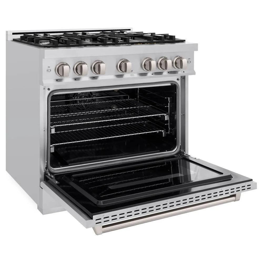 ZLINE 36 in. 5.2 cu. ft. Classic Dual Fuel Range with 6 Burner Gas Cooktop and Electric Convection Oven in Stainless Steel (CDR36) side, oven open.