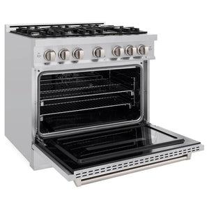 ZLINE 36 in. 5.2 cu. ft. Classic Dual Fuel Range with 6 Burner Gas Cooktop and Electric Convection Oven in Stainless Steel (CDR36) side, oven open.