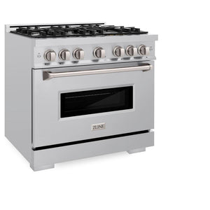 ZLINE 36 in. 5.2 cu. ft. Classic Dual Fuel Range with 6 Burner Gas Cooktop and Electric Convection Oven in Stainless Steel (CDR36) side, oven closed.