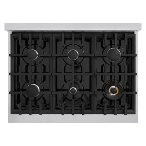 ZLINE 36 in. 5.2 cu. ft. Classic Dual Fuel Range with 6 Burner Gas Cooktop and Electric Convection Oven in Stainless Steel (CDR36) top-down, above cooktop.