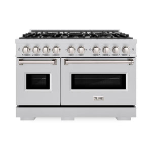 ZLINE 48 in. 6.7 cu. ft. Classic Double Oven Gas Range with 8 Burner Cooktop in Stainless Steel (CGR48) front, oven closed.
