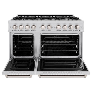 ZLINE 48 in. 6.7 cu. ft. Classic Double Oven Gas Range with 8 Burner Cooktop in Stainless Steel (CGR48) front, oven open.