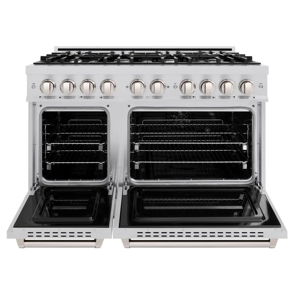 ZLINE 48 in. 6.7 cu. ft. Classic Double Oven Gas Range with 8 Burner Cooktop in Stainless Steel (CGR48) front, oven open.