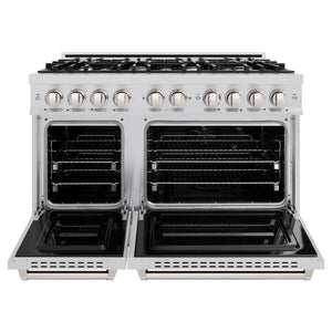 ZLINE 48 in. 6.7 cu. ft. Classic Double Oven Gas Range with 8 Burner Cooktop in Stainless Steel (CGR48) front, oven open.