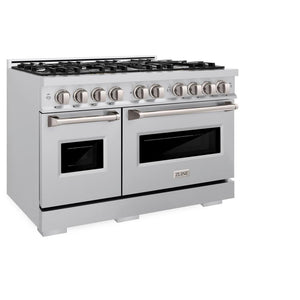 ZLINE 48 in. 6.7 cu. ft. Classic Double Oven Gas Range with 8 Burner Cooktop in Stainless Steel (CGR48) side, oven closed.