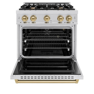 ZLINE Autograph Edition 30 in. 4.2 cu. ft. Classic Gas Range with 4 Burner Cooktop and Convection Gas Oven in Stainless Steel and Champagne Bronze Accents (CGRZ-30-CB) front, oven open.