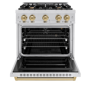 ZLINE Autograph Edition 30 in. 4.2 cu. ft. Classic Gas Range with 4 Burner Cooktop and Convection Gas Oven in Stainless Steel and Champagne Bronze Accents (CGRZ-30-CB) front, open.