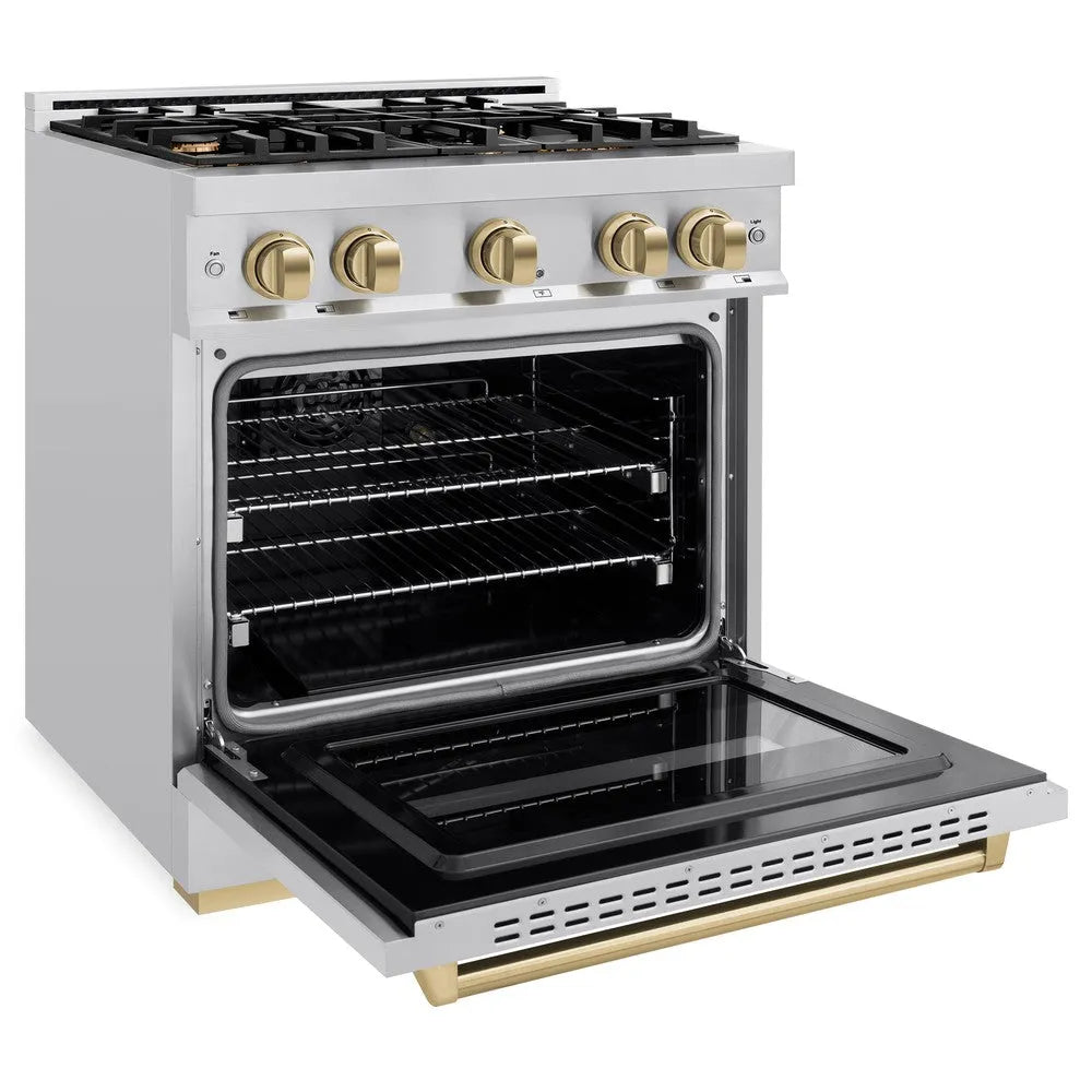 ZLINE Autograph Edition 30 in. 4.2 cu. ft. Classic Gas Range with 4 Burner Cooktop and Convection Gas Oven in Stainless Steel and Champagne Bronze Accents (CGRZ-30-CB) side, oven open.