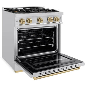 ZLINE Autograph Edition 30 in. 4.2 cu. ft. Classic Gas Range with 4 Burner Cooktop and Convection Gas Oven in Stainless Steel and Champagne Bronze Accents (CGRZ-30-CB) side, oven open.