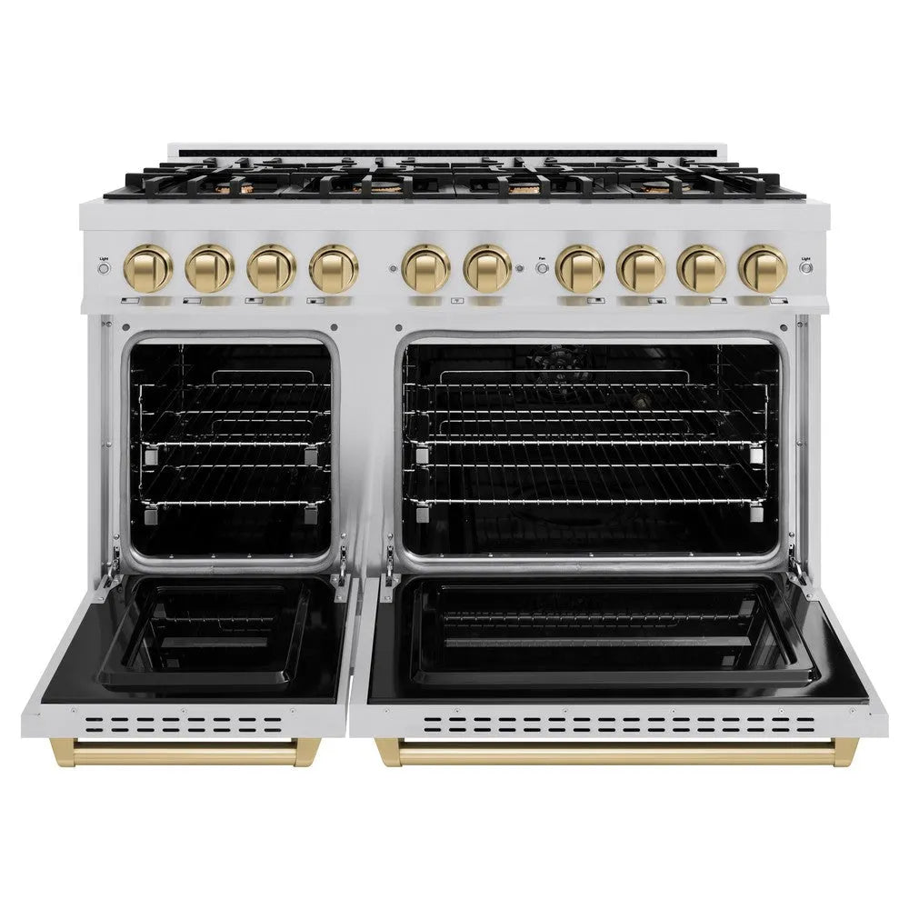 ZLINE Autograph Edition 48 in. 6.7 cu. ft. Classic Double Oven Gas Range with 8 Burner Cooktop in Stainless Steel and Champagne Bronze Accents (CGRZ-48-CB) front, oven open.