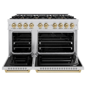 ZLINE Autograph Edition 48 in. 6.7 cu. ft. Classic Double Oven Gas Range with 8 Burner Cooktop in Stainless Steel and Champagne Bronze Accents (CGRZ-48-CB) front, oven open.
