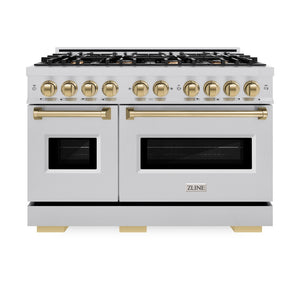 ZLINE Autograph Edition 48 in. 6.7 cu. ft. Classic Double Oven Gas Range with 8 Burner Cooktop in Stainless Steel and Champagne Bronze Accents (CGRZ-48-CB) front, oven closed.