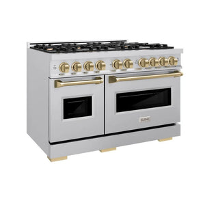 ZLINE Autograph Edition 48 in. 6.7 cu. ft. Classic Double Oven Gas Range with 8 Burner Cooktop in Stainless Steel and Champagne Bronze Accents (CGRZ-48-CB) main image.