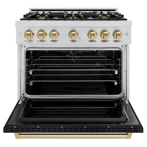 ZLINE Autograph Edition 36 in. 5.2 cu. ft. Classic Gas Range with 6 Burner Cooktop and Convection Gas Oven in Stainless Steel with Black Matte Door and Champagne Bronze Accents (CGRZ-BLM-36-CB) front, oven open.