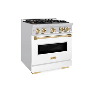 ZLINE Autograph Edition 30 in. 4.2 cu. ft. Classic Gas Range with 4 Burner Cooktop and Convection Gas Oven in Stainless Steel with White Matte Door and Polished Gold Accents (CGRZ-WM-30-G) main image.